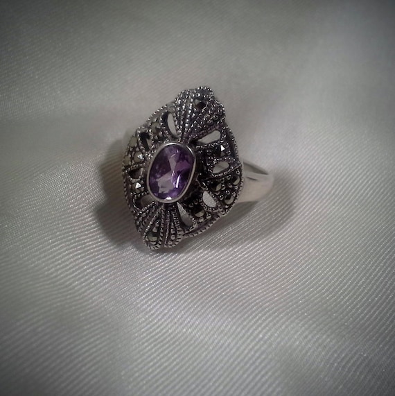 Vintage Art Deco Sterling Silver Amethyst Ring with Marcasite, Size 7