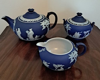 Beautiful Blue Jasperware Wedgwood Tea Set, Comes with Tea Pot, Creamer and Sugar Bowl with Lid, Vintage Wedgwood Cobalt Blue Jasperware Set