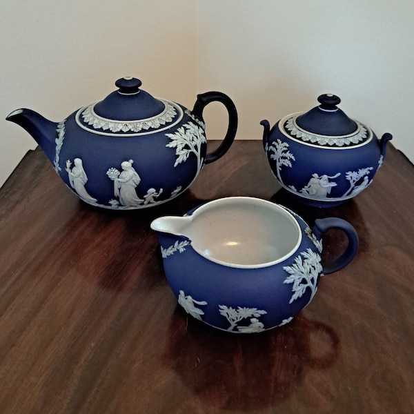 Beautiful Blue Jasperware Wedgwood Tea Set, Comes with Tea Pot, Creamer and Sugar Bowl with Lid, Vintage Wedgwood Cobalt Blue Jasperware Set
