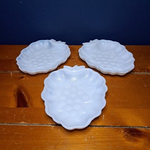 Vintage Hazel Atlas Textured Milk Glass Grape Motif Dish, Set of Three Hazel Atlas Grape Motif Candy Dishes, Vintage Milk Glass Shallow Dish
