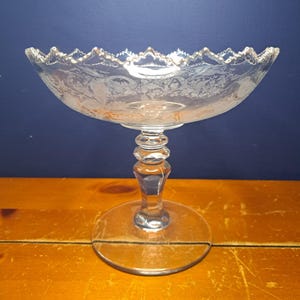 Puede incluir: Un cuenco de pedestal de vidrio transparente con un borde festoneado y un diseño floral grabado. El cuenco se asienta sobre un tallo decorativo y una base redonda. El fondo es una pared azul oscuro y una mesa de madera.