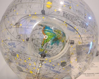 Globe céleste transparent vintage Robert Farquhar avec livret original et support, globe terrestre transparent vintage