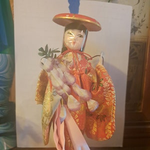 Beautiful Handmade Vintage Japanese Doll in a Kimono on Lacquered Stand and Flower Bouquet, Handmade Vintage Made in Japan Doll