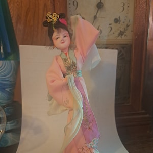 Beautiful Handmade Vintage Chinese Doll in a Pink Silk Dress on Simple Black Stand, Handmade Vintage Made in China MCM Doll