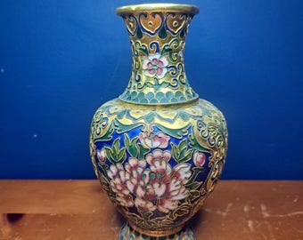 Vintage Cloisonne Enamel Vase, Antique Floral Chinese Enamel Cloisonne Vase, Enamel Over Brass Vase, Champleve Enamel Vase Chinese Style
