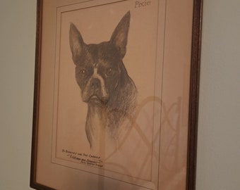 Vintage Boston Terrier Portrait by William Van Dresser, Original Personalized William Van Dresser Charcoal Chalk Portrait Signed Under Glass