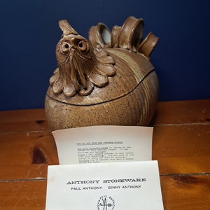 Vintage Stoneware Chicken Cooker with Instructions and Artist Card, Signed on Bottom, Ginny & Paul Anthony Stoneware, Chicken Roaster