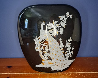 vase en céramique noire vintage des années 1980 avec paon or et blanc, grand vase en céramique de paon chinois