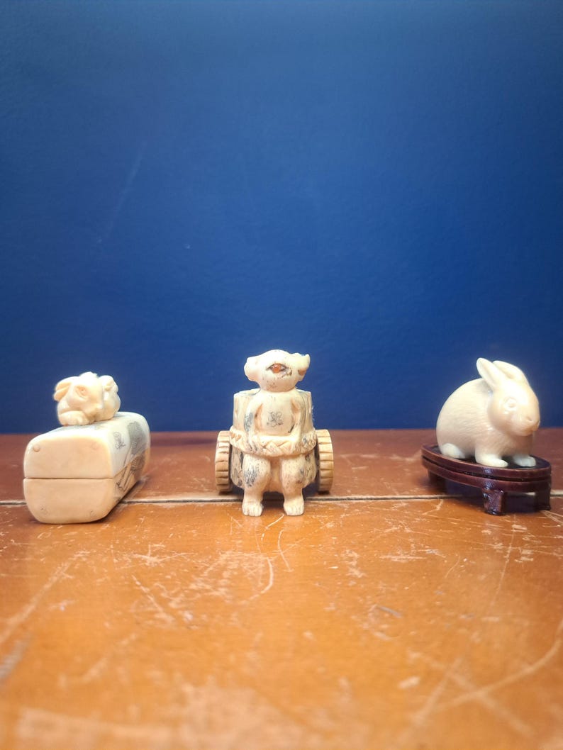 Small Rabbit Netsuke Antique Resin Japanese Netsuke Rabbit and Cart, Antique Bone Box by Le ...