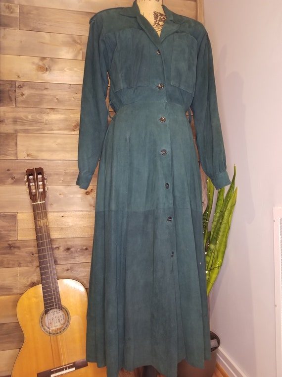 Retro 1970s Emerald Green Suede Dress - image 1