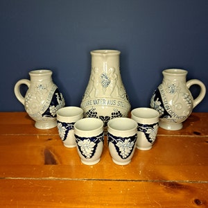 Vintage Wick Werke German Stoneware Wine Set with Two Pitchers and Four Cups, German Stein Set, Vintage German Stoneware Set
