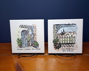 Vintage New Orleans Tiles Featuring a Lacy Balcony and the Brulatour Courtyard, Iconic New Orleans Scenes Hand painted on Tiles from Belgium