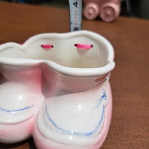 Vintage Pink Baby Shoes Planter with Blue Floral Accents and a Pink Ribbon, Cute Baby Shower Gift, Baby Booties Planter, Vintage Planter