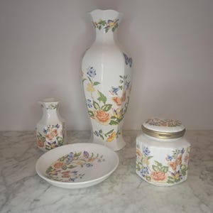 Vintage Aynsley Bone China Set Featuring Lidded Ginger Jar, Trinket Dish, Large Vase, Hexagon Vase, Vintage Aynsley Cottage Garden Pattern