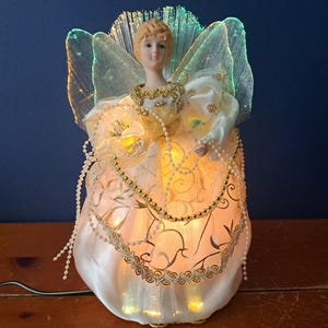 Vintage Fiber Optic Light Up Angel with Lace and Gold Accents, Vintage Christmas Decorations, Vintage Christmas Angel, Vintage Angel Light