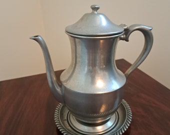 Vintage Genuine Pewter Coffee Pot with Plate, Vintage Pewter Tea Pot with Plate, Marked Genuine Pewter Coffee Pot with White Metal Plate