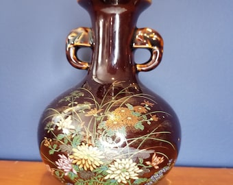 小田切作 茶色の陶器製花瓶 - 象の頭の取っ手 2 個 - ウズラと花の風景 - OMC