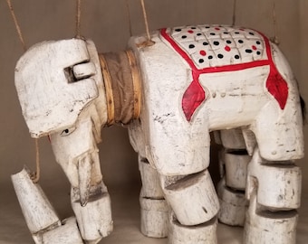Vintage Hand Carved, Hand Painted, Wooden Elephant Marionette