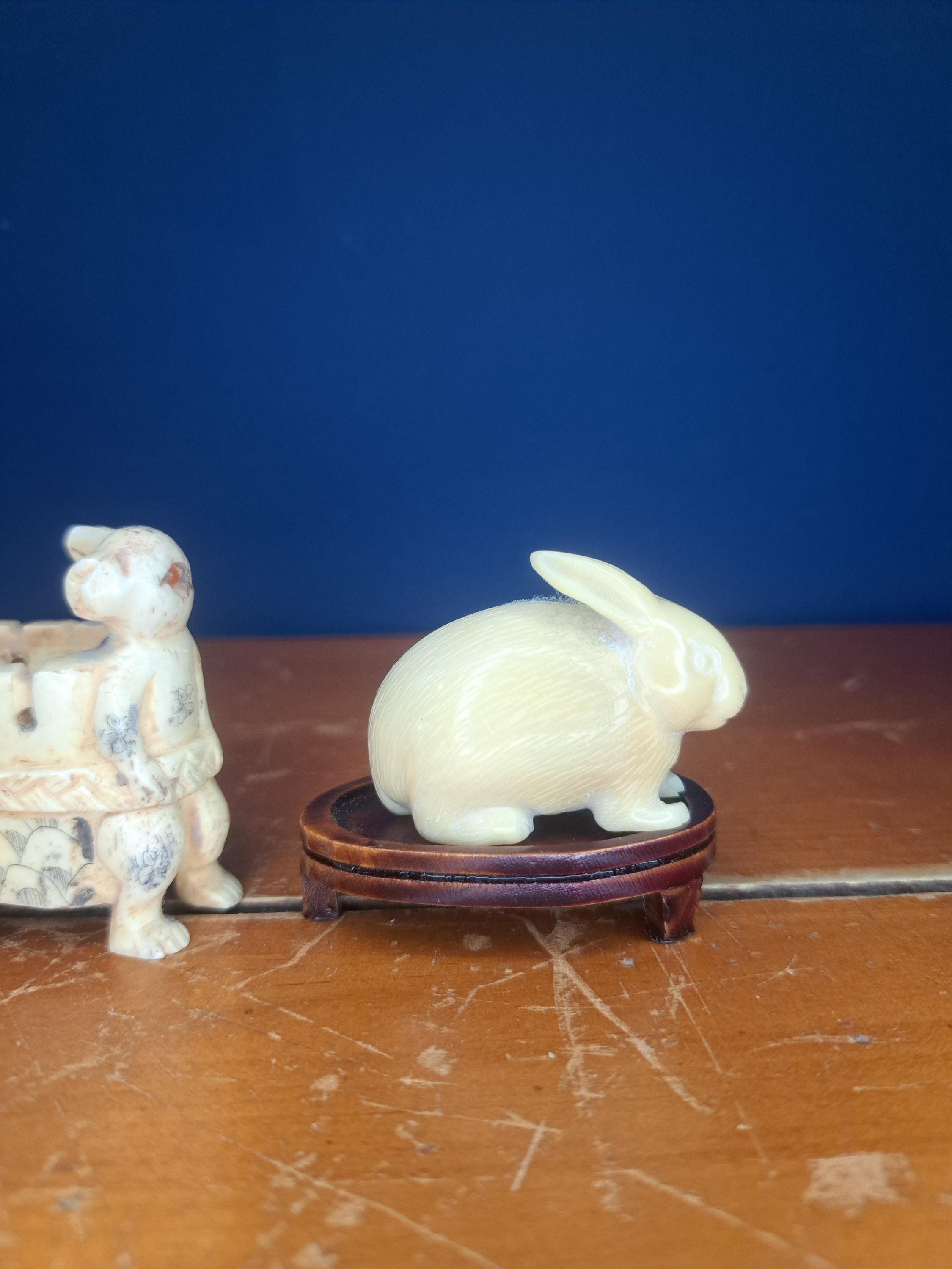 Small Rabbit Netsuke Antique Resin Japanese Netsuke Rabbit and Cart, Antique Bone Box by Le ...