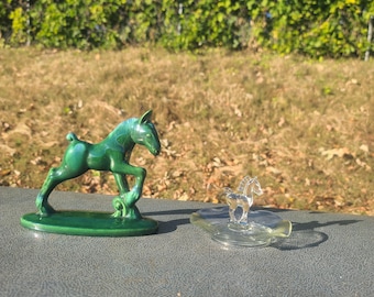 Vintage Heisy Colt Glass Trinket Dish, Equestrian Jewelry Holder, Green Haeger Horse Figurine, Royal Haeger Ceramic Horse
