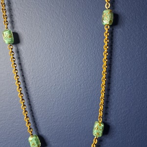 Gorgeous Vintage Green and Gold Glass Beads on Gold Chain Necklace, Vintage Long Chain Statement Necklace, Vintage Costume Jewelry Necklace