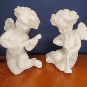 Vintage Set of Two Cherubs Playing Music with a Mandolin and a Flute Made in Italy of Plaster