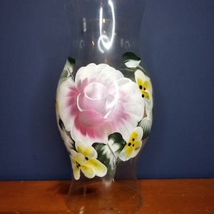 Vintage Hand Painted Hurricane Candle Shade - White/Pink Roses and Yellow Pansies