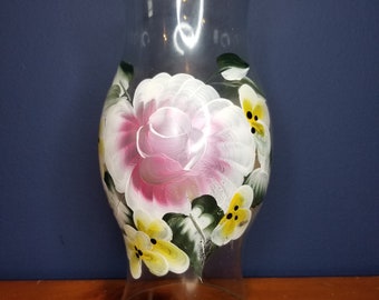 Vintage Peint à la main Hurricane Candle Shade - Roses blanches / roses et pansies jaunes