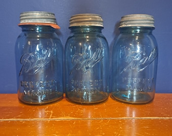 Vintage Blue Ball Mason Jars, Set of Three Blue Ball Mason Jars, Blue Colored Mason Jars with Milk Glass Lids