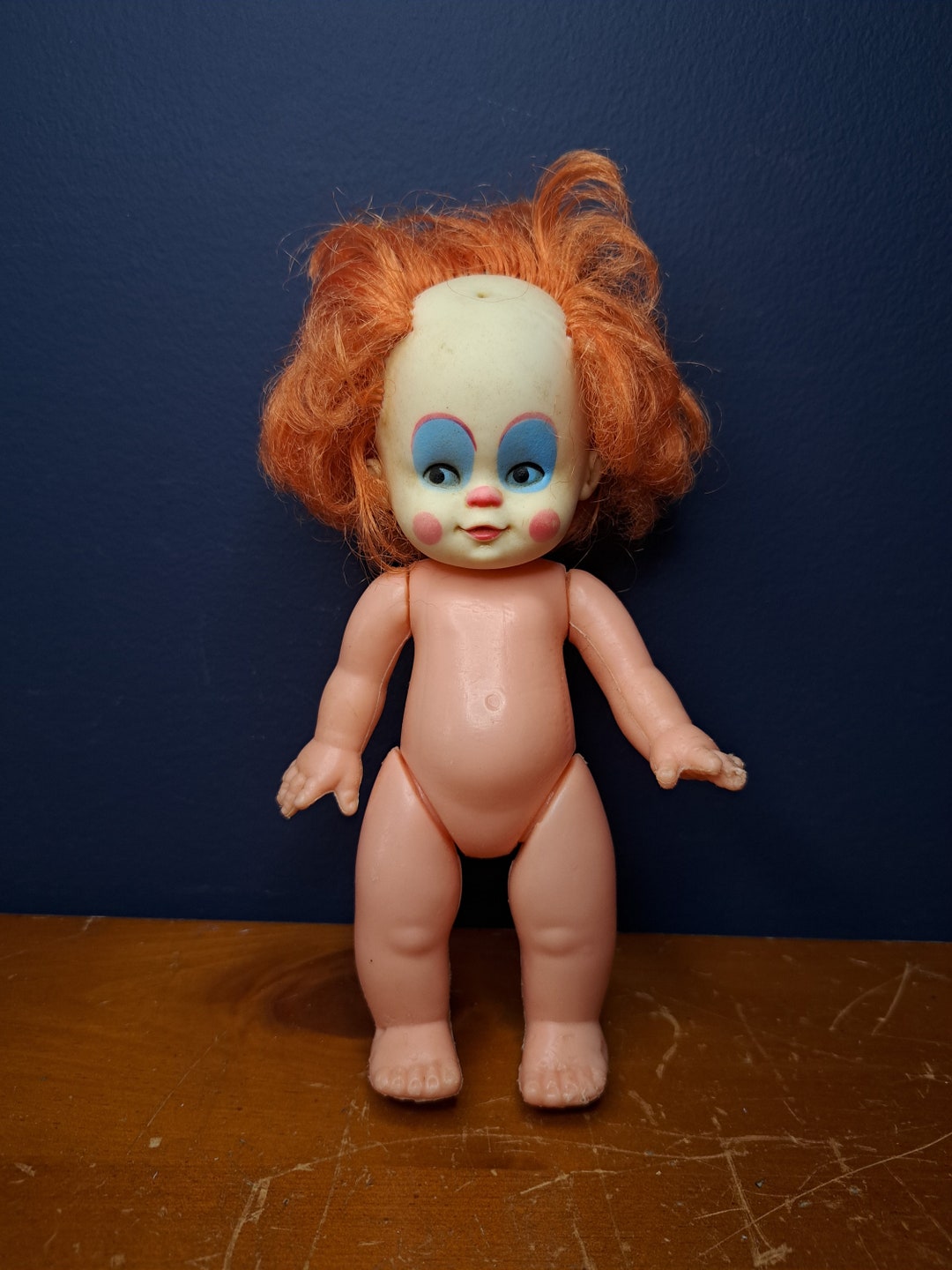Vintage Creepy Clown Doll With Red Hair and White Face Paint, Creepy