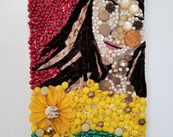 Recycled Materials Art, Reflections of Friends, Bolivian Beauty, Upcycled Mardi Gras Beads, Mosaic, Collage Art, Bolivian Flag, Bolivian Art