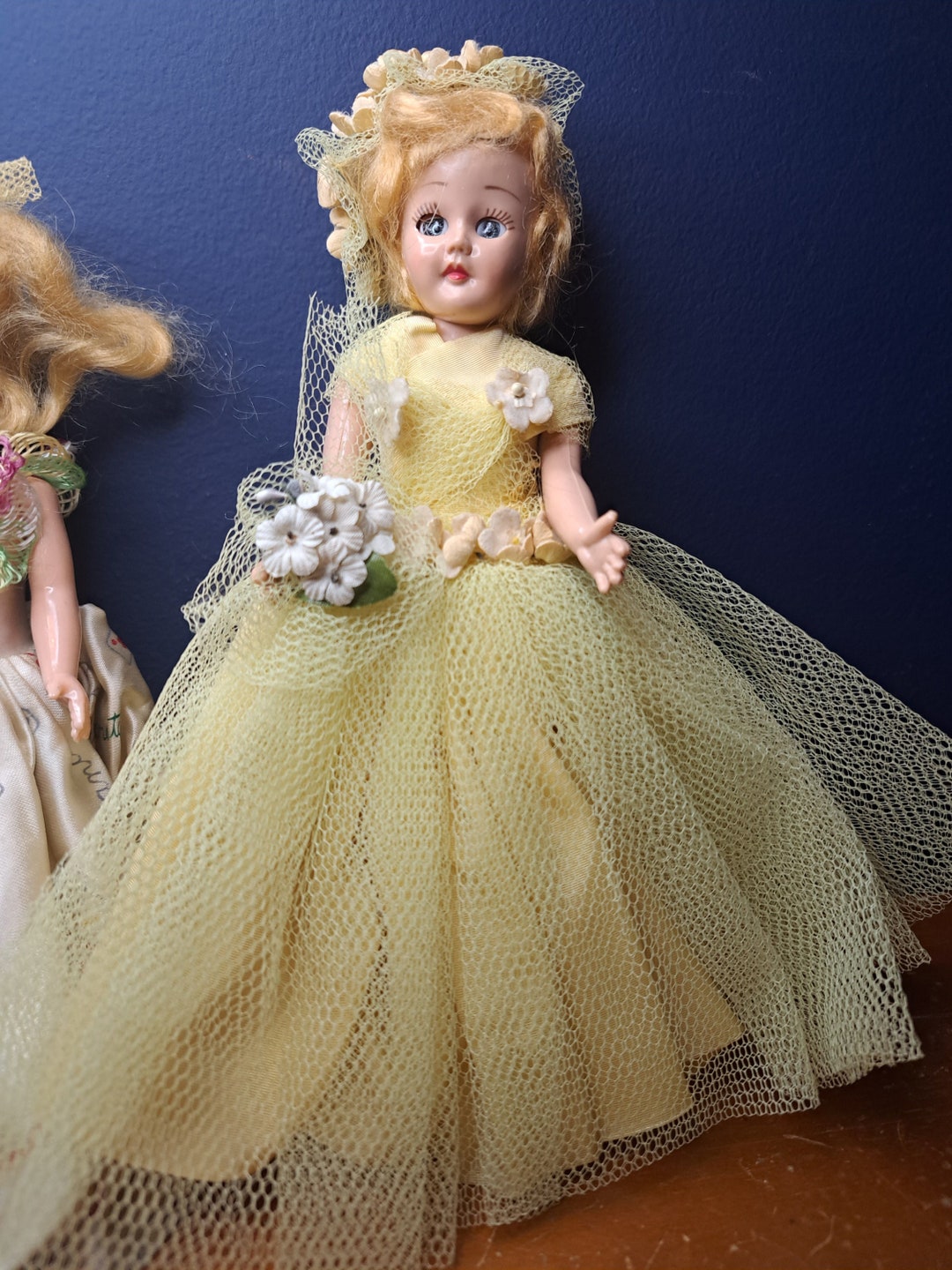 Vintage Hard Plastic Doll Dressed in Yellow, Pretty Doll in