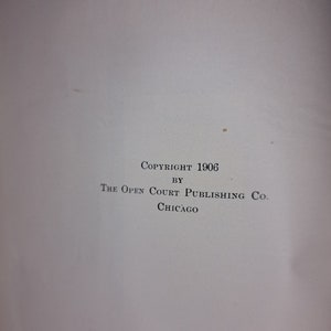 Może przedstawiać: Strona praw autorskich książki wydanej w 1906 roku przez The Open Court Publishing Co. w Chicago.