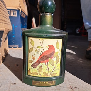 Vintage Jim Beam Forest Green Decanter Bottle with Scarlet Tanager Picture, Artist James Lockhart Jim Beam Collector&#39;s Decanter 1983