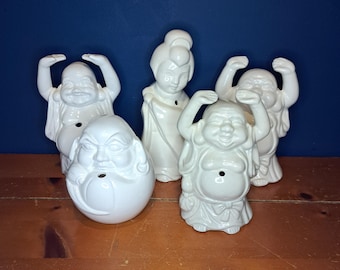 Vintage Laughing Buddha, Vintage White Ceramic Laughing Buddha Figurines, Vintage Ceramic Laughing Buddha Statues, Japanese Tiki Bar Mugs