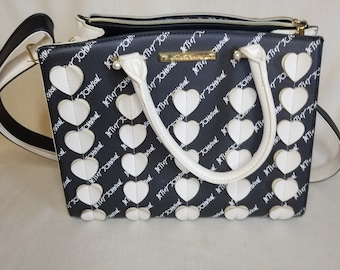 Vintage Unique Betsey Johnson Black and White Purse with White Heart and Gold Accents