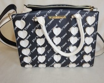 Vintage Unique Betsey Johnson Black and White Purse with White Heart and Gold Accents