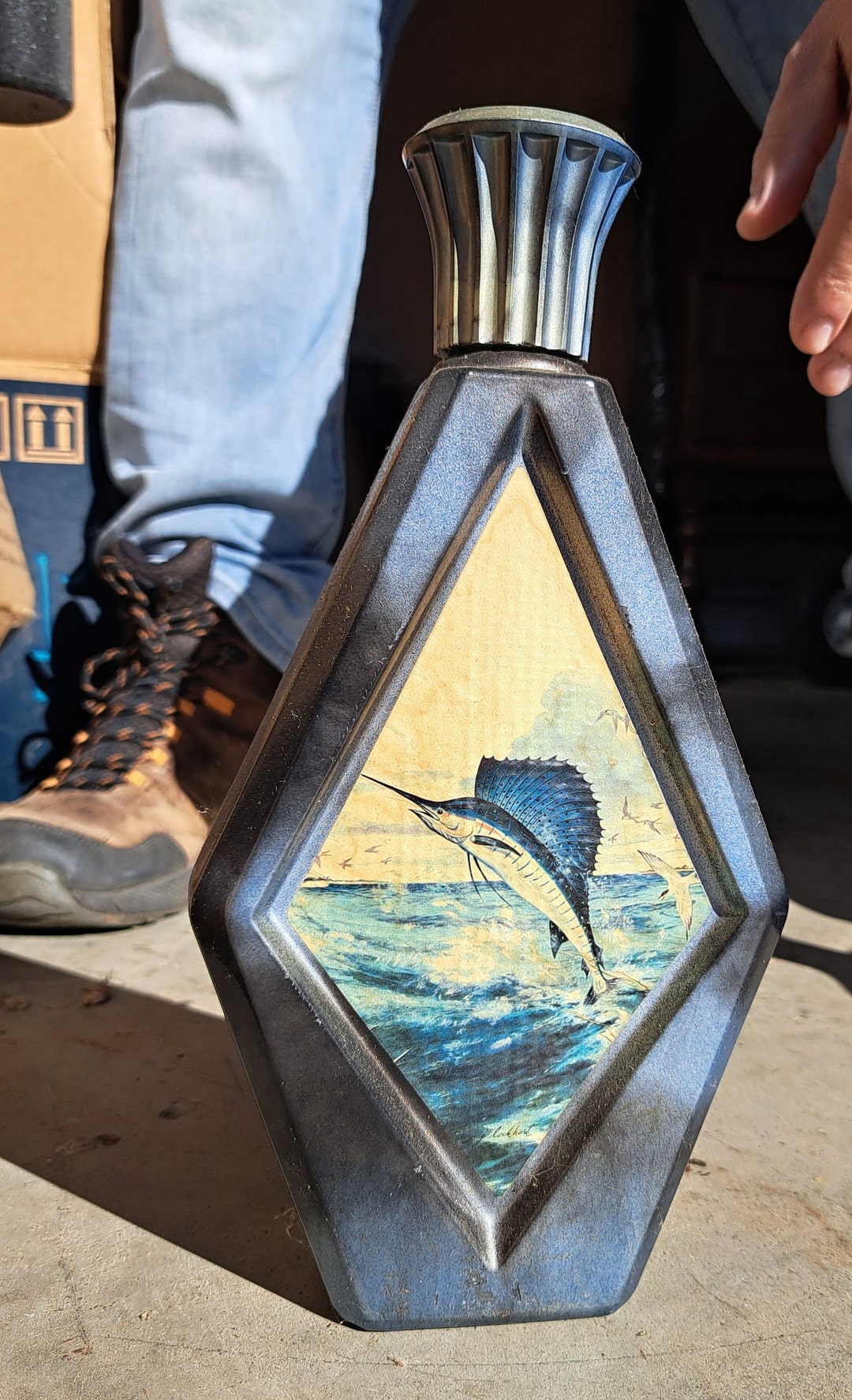 Vintage Jim Beam Blue Decanter Bottle With Marlin Picture, Artist James