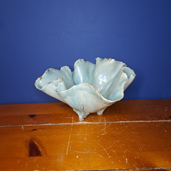Gorgeous and Unique Vintage Art Pottery Wave Bowl, in Shades of Blue with 3 Legs, Signed on Bottom, Coral Shaped Bowl, Glazed Terra Cotta