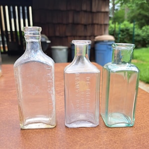Vintage Glass Bottles, Set of Three Antique Clear Glass Bottles, Collection of Clear Glass Antique Bottles, Antique Bottle, Vintage Bottles