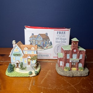 Vintage Liberty Falls Collection, B Cummings Signmaker and City Hall, With Original Box and Reproduction Morgan Silver Dollar