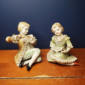 Vintage MCM 1950s Japanese Porcelain Flute Player and Singer with Book Figures