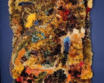 Feline en Luxe, Recycled Materials Art, Trash Art, Feline Art, Cat Art, Upcycled Drapery, Tortoiseshell Cat Art, Mixed Media