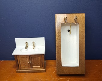 Vintage Dollhouse Bathroom, Wood and Ceramic Vintage Bathtub and Sink for Dollhouse, Wood Paneling Detailed Bathtub with Plug