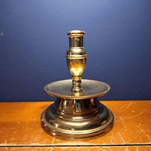 Vintage Solid Brass Chamberstick, Heavy Solid Brass Candlestick, Vintage Taper Candlestick Holder, Unmarked Shiny Heavy Solid Brass Holder