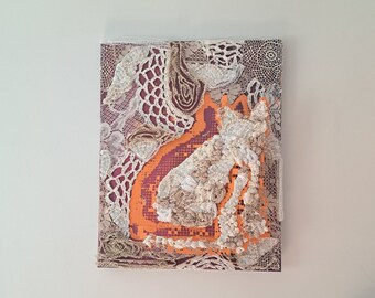 Feline in Lace, Recycled Materials Art, Trash Art, Feline Art, Cat Art, Antique Lace, Vintage Lace, Lacey Cat, White Cat Art, Mixed Media