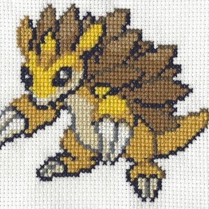 May include: Cross-stitch pattern of a brown and yellow Pokemon character with a spiky mane. The character is in a running pose with its claws visible.