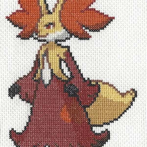 May include: Cross-stitch pattern of a red and yellow fox Pokemon character with a large, bushy tail.