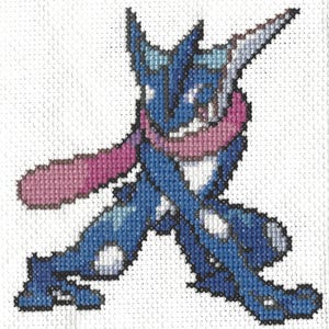 May include: Cross-stitch pattern of a blue and pink Pokemon character with a scarf. The character is in a fighting pose with its arms raised.