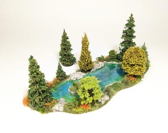 LARGE N Scale LAKE SHASTA 8" x 4" w 10 Trees, Orange Flowers, Foliage (#1057)